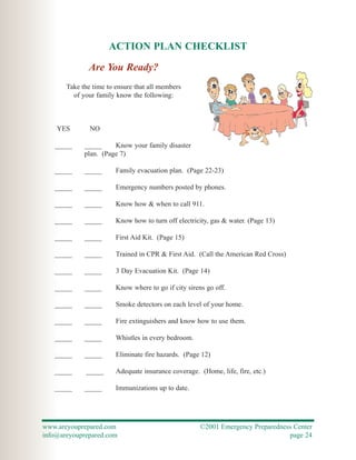 ACTION PLAN CHECKLIST

              Are You Ready?
       Take the time to ensure that all members
         of your family know the following:



    YES        NO

   _____     _____     Know your family disaster
             plan. (Page 7)

   _____     _____      Family evacuation plan. (Page 22-23)

   _____     _____      Emergency numbers posted by phones.

   _____     _____      Know how & when to call 911.

   _____     _____      Know how to turn off electricity, gas & water. (Page 13)

   _____     _____      First Aid Kit. (Page 15)

   _____     _____      Trained in CPR & First Aid. (Call the American Red Cross)

   _____     _____      3 Day Evacuation Kit. (Page 14)

   _____     _____      Know where to go if city sirens go off.

   _____     _____      Smoke detectors on each level of your home.

   _____     _____      Fire extinguishers and know how to use them.

   _____     _____      Whistles in every bedroom.

   _____     _____      Eliminate fire hazards. (Page 12)

   _____     _____      Adequate insurance coverage. (Home, life, fire, etc.)

   _____     _____      Immunizations up to date.




www.areyouprepared.com                               ©2001 Emergency Preparedness Center
info@areyouprepared.com                                                         page 24
 
