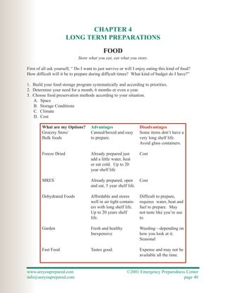 CHAPTER 4
                       LONG TERM PREPARATIONS

                                            FOOD
                              Store what you eat, eat what you store.

First of all ask yourself, “ Do I want to just survive or will I enjoy eating this kind of food?
How difficult will it be to prepare during difficult times? What kind of budget do I have?”

1. Build your food storage program systematically and according to priorities.
2. Determine your need for a month, 6 months or even a year.
3. Choose food preservation methods according to your situation.
   A. Space
   B. Storage Conditions
   C. Climate
   D. Cost

        What are my Options?         Advantages                    Disadvantages
        Grocery Store/               Canned/boxed and easy         Some items don’t have a
        Bulk foods                   to prepare.                   very long shelf life.
                                                                   Avoid glass containers.

        Freeze Dried                 Already prepared just         Cost
                                     add a little water, heat
                                     or eat cold. Up to 20
                                     year shelf life

        MRES                         Already prepared, open        Cost
                                     and eat, 5 year shelf life.

        Dehydrated Foods             Affordable and stores         Difficult to prepare,
                                     well in air tight contain-    requires water, heat and
                                     ers with long shelf life.     fuel to prepare. May
                                     Up to 20 years shelf          not taste like you’re use
                                     life.                         to.

        Garden                       Fresh and healthy             Weeding—depending on
                                     Inexpensive                   how you look at it.
                                                                   Seasonal

        Fast Food                    Tastes good.                  Expense and may not be
                                                                   available all the time.


www.areyouprepared.com                                     ©2001 Emergency Preparedness Center
info@areyouprepared.com                                                               page 40
 