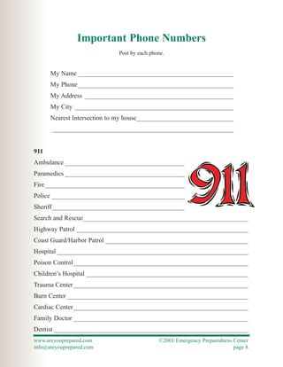 Important Phone Numbers
                             Post by each phone.


      My Name ________________________________________________
      My Phone ________________________________________________
      My Address ______________________________________________
      My City _________________________________________________
      Nearest Intersection to my house______________________________
       ________________________________________________________


911
Ambulance _____________________________________
Paramedics _____________________________________
Fire ___________________________________________
Police _________________________________________
Sheriff_________________________________________
Search and Rescue___________________________________________________
Highway Patrol _____________________________________________________
Coast Guard/Harbor Patrol ____________________________________________
Hospital ___________________________________________________________
Poison Control______________________________________________________
Children’s Hospital __________________________________________________
Trauma Center______________________________________________________
Burn Center ________________________________________________________
Cardiac Center______________________________________________________
Family Doctor ______________________________________________________
Dentist ____________________________________________________________
www.areyouprepared.com                       ©2001 Emergency Preparedness Center
info@areyouprepared.com                                                   page 8
 