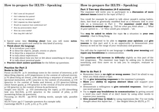 How to prepare for IELTS – Speaking
9
Part 3 Two-way discussion (4-5 minutes)
The examiner will invite you to participate in a discussion of more
abstract issues linked to the topic of Part 2.
You could for example be asked to talk about people’s eating habits,
diets, fast food or genetically modified food as a thematic link to your
talk on a restaurant in Part 2. The examiner could start the
discussion in several ways e.g. ‘Tell me what you think about …’; ‘What
in your opinion is …’ or ‘How would you compare ..’ etc.
You may be asked to relate the topic to a situation in your own
country – that is Hong Kong.
You will be expected to be able to express your opinions and give
reasons in this part and it is an opportunity to demonstrate your
fluency as well as the range of your vocabulary and grammar.
You will also be expected to use language to clarify your meaning and
repair any breakdowns in communication.
The questions will increase in difficulty slightly as this part of the
test progresses. The examiner may begin by asking you to describe
something and then move on to ask you to compare, evaluate or
speculate.
How to do Part 3
• Remember there is no right or wrong answer. Don’t be afraid to say
what you think about a topic.
• Try to give interesting responses to the examiner’s prompts.
• Show your ability to express abstract ideas and support your
opinions.
• Demonstrate a willingness to give extended responses. Don’t give
one-word answers.
• Try to repair any breakdowns in communication by getting around
a word you can’t think of or don’t know by using other words to
express your meaning.
• Give yourself time to think by using expressions like ‘I’ve not really
thought about this before but …’. See Helpful Hints for IELTS, p.77.
 
