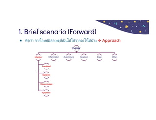 1. Brief scenario (Forward)
● คิดว่า จากโจทย์มีสาเหตุทีเป็ นไปได้จากอะไรได้บ้าง  Approach
Fever
Infection
Localized
Systemic
Disseminated
Epidemic
Inflammation Autoimmune Neoplasm Drugs Others
 