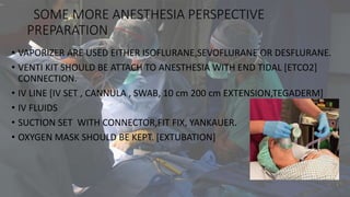 SOME MORE ANESTHESIA PERSPECTIVE
PREPARATION
• VAPORIZER ARE USED EITHER ISOFLURANE,SEVOFLURANE OR DESFLURANE.
• VENTI KIT SHOULD BE ATTACH TO ANESTHESIA WITH END TIDAL [ETCO2]
CONNECTION.
• IV LINE [IV SET , CANNULA , SWAB, 10 cm 200 cm EXTENSION,TEGADERM]
• IV FLUIDS
• SUCTION SET WITH CONNECTOR,FIT FIX, YANKAUER.
• OXYGEN MASK SHOULD BE KEPT. [EXTUBATION]
 