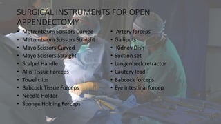 SURGICAL INSTRUMENTS FOR OPEN
APPENDECTOMY
• Metzenbaum Scissors Curved
• Metzenbaum Scissors Straight
• Mayo Scissors Curved
• Mayo Scissors Straight
• Scalpel Handle
• Allis Tissue Forceps
• Towel clips
• Babcock Tissue Forceps
• Needle Holder
• Sponge Holding Forceps
• Artery forceps
• Gallipots
• Kidney Dish
• Suction set
• Langenbeck retractor
• Cautery lead
• Babcock forceps
• Eye intestinal forcep
 