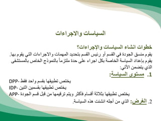 ‫واإلجراءات؟‬ ‫السياسات‬ ‫انشاء‬ ‫خطوات‬
‫الت‬ ‫واالجراءات‬ ‫المهمات‬ ‫بتحديد‬ ‫القسم‬ ‫رئيس‬ ‫أو‬ ‫القسم‬ ‫في‬ ‫الجودة‬ ‫منسق‬ ‫يقوم‬
‫بها‬ ‫يقوم‬ ‫ي‬
.
‫ب‬ ‫الخاص‬ ‫بالنموذج‬ ً‫ا‬‫ملتزم‬ ‫حدة‬ ‫على‬ ‫اجراء‬ ‫بكل‬ ‫الخاصة‬ ‫السياسة‬ ‫بإعداد‬ ‫يقوم‬
‫المستشفى‬
‫األتي‬ ‫يتضمن‬ ‫الذي‬
:
.1
‫السياسة‬ ‫مستوى‬
:
DPP- ‫فقط‬ ‫واحد‬ ‫بقسم‬ ‫تطبيقها‬ ‫يختص‬
IDP- ‫اثنين‬ ‫بقسمين‬ ‫تطبيقها‬ ‫يختص‬
APP- ‫الجودة‬ ‫قسم‬ ‫قبل‬ ‫من‬ ‫ترقيمها‬ ‫ويتم‬ ‫فأكثر‬ ‫أقسام‬ ‫بثالثة‬ ‫تطبيقها‬ ‫يختص‬
2
.
‫الغرض‬
:
‫السياسة‬ ‫هذه‬ ‫انشئت‬ ‫أجله‬ ‫من‬ ‫الذي‬
.
‫واالجراءات‬ ‫السياسات‬
 