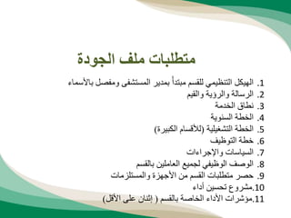 ‫الجودة‬ ‫ملف‬ ‫متطلبات‬
.1
‫باألسماء‬ ‫ومفصل‬ ‫المستشفى‬ ‫بمدير‬ ً‫مبتدأ‬ ‫للقسم‬ ‫التنظيمي‬ ‫الهيكل‬
.2
‫والقيم‬ ‫والرؤية‬ ‫الرسالة‬
.3
‫الخدمة‬ ‫نطاق‬
.4
‫السنوية‬ ‫الخطة‬
.5
‫التشغيلية‬ ‫الخطة‬
(
‫الكبيرة‬ ‫لألقسام‬
)
.6
‫التوظيف‬ ‫خطة‬
.7
‫واإل‬ ‫السياسات‬
‫جراءات‬
.8
‫بالقسم‬ ‫العاملين‬ ‫لجميع‬ ‫الوظيفي‬ ‫الوصف‬
.9
‫والمستلزمات‬ ‫األجهزة‬ ‫من‬ ‫القسم‬ ‫متطلبات‬ ‫حصر‬
.10
‫أداء‬ ‫تحسين‬ ‫مشروع‬
.11
‫بالقسم‬ ‫الخاصة‬ ‫األداء‬ ‫مؤشرات‬
(
‫إ‬
‫األقل‬ ‫على‬ ‫ثنان‬
)
 