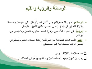 ‫والقيم‬ ‫والرؤية‬ ‫الرسالة‬
•
‫الرسالة‬
:
‫المرجو‬ ‫للوضع‬ ‫ر‬ ّ‫تصو‬
,
‫ت‬
‫ش‬
‫ت‬ ‫على‬ ‫يحفز‬ ً‫ا‬‫تحدي‬ ‫كل‬
‫نفيذها‬
,
‫ملموسة‬
‫محدد‬ ‫زمني‬ ‫إطار‬ ‫في‬ ‫للتحقيق‬ ‫وقابلة‬
,
‫وملهمة‬ ‫التميز‬ ‫تعكس‬
.
•
‫الرؤية‬
:
‫القسم‬ ‫لوجود‬ ‫األساسي‬ ‫السبب‬ ‫هي‬
.
‫يتغير‬ ‫وال‬ ‫ومختصر‬ ‫عام‬
‫مع‬
‫الوقت‬
.
•
‫القيم‬
:
‫الموظفين‬ ‫من‬ ‫المتوقعة‬ ‫السلوكيات‬
,
‫وت‬ ‫القسم‬ ‫مبادئ‬ ‫تشكل‬
‫في‬ ‫ساهم‬
‫الرؤية‬ ‫تحقيق‬
‫المستشفى‬ ‫قيم‬ ‫من‬ ‫مستمدة‬
.

‫صالحيتها‬ ‫مدة‬
‫أعوام‬ ‫ثالثة‬
.

‫المستشفى‬ ‫وقيم‬ ‫ورؤية‬ ‫رسالة‬ ‫من‬ ‫مستمدة‬ ‫جميعها‬ ‫تكون‬ ‫أن‬ ‫يجب‬
.
 