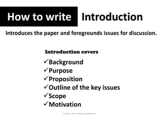 How to write Introduction
Introduces the paper and foregrounds issues for discussion.
Background
Purpose
Proposition
Outline of the key issues
Scope
Motivation
Introduction covers
Courtesy: https://writing.colostate.edu
 