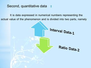 It is data expressed in numerical numbers representing the
actual value of the phenomenon and is divided into two parts, namely
Second, quantitative data
 
