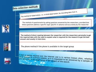 The phone method if the phone is available in the target group
The method of direct meeting between the researcher with the researchers personally to get
the required data with the need to explain what is required for the research to get the best
answers and usually in interviews
The method of questionnaire by asking questions answered by the researchers, provided that
these questions address a specific topic specific in advance and accurately by the researcher
 