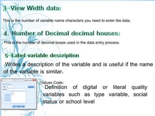 Definition of digital or literal quality
variables such as type variable, social
status or school level
Writes a description of the variable and is useful if the name
of the variable is similar.
(Values Code:
This is the number of decimal boxes used in the data entry process.
This is the number of variable name characters you need to enter the data.
 
