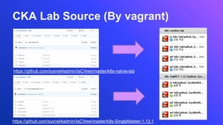 CKA Lab Source (By vagrant)
https://github.com/sysnet4admin/IaC/tree/master/k8s-SingleMaster-1.13.1
https://github.com/sysnet4admin/IaC/tree/master/k8s-natvie-lab
 