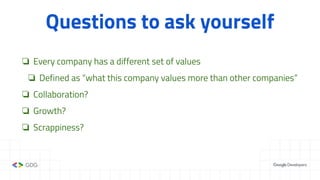 Questions to ask yourself
❏ Every company has a different set of values
❏ Defined as “what this company values more than other companies”
❏ Collaboration?
❏ Growth?
❏ Scrappiness?
 