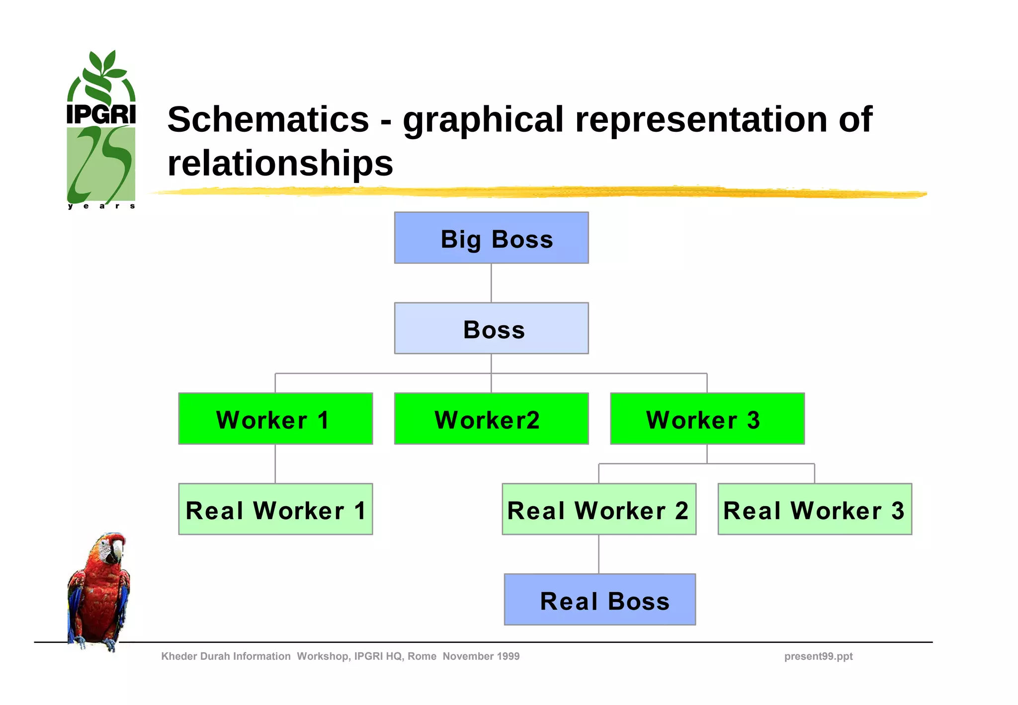 Schematics - graphical representation of
 relationships
                                                 Big Boss


                                                    Boss


         Worker 1                              Worker2                   Worker 3


    Real Worker 1                                           Real Worker 2     Real Worker 3


                                                                  Real Boss

Kheder Durah Information Workshop, IPGRI HQ, Rome November 1999                     present99.ppt
 