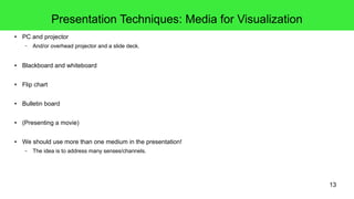 13
Presentation Techniques: Media for Visualization
● PC and projector
– And/or overhead projector and a slide deck.
● Blackboard and whiteboard
● Flip chart
● Bulletin board
● (Presenting a movie)
● We should use more than one medium in the presentation!
– The idea is to address many senses/channels.
 
