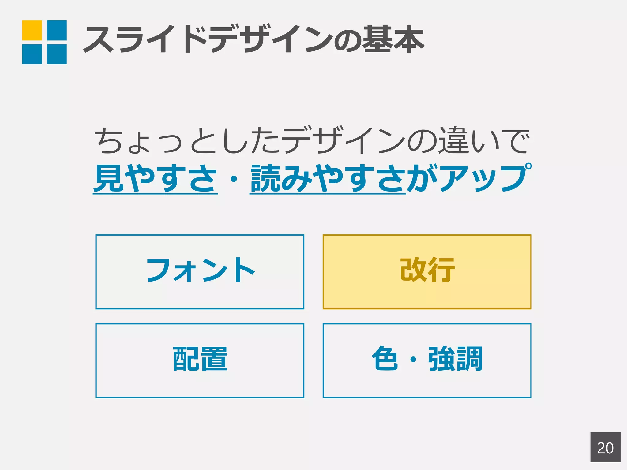 スライドデザインの基本
20
ちょっとしたデザインの違いで
見やすさ・読みやすさがアップ
フォント 改行
配置 色・強調
 