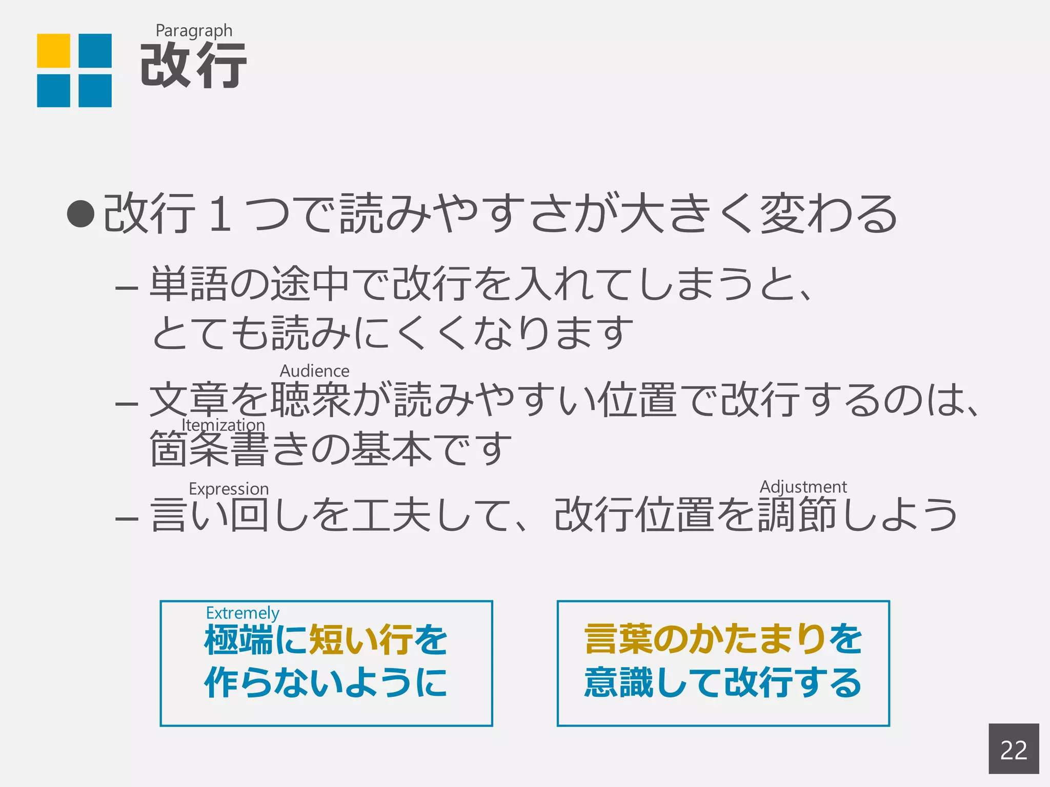 改行
改行１つで読みやすさが大きく変わる
– 単語の途中で改行を入れてしまうと、
とても読みにくくなります
– 文章を聴衆が読みやすい位置で改行するのは、
箇条書きの基本です
– 言い回しを工夫して、改行位置を調節しよう
22
言葉のかたまりを
意識して改行する
極端に短い行を
作らないように
Extremely
Paragraph
Audience
Expression Adjustment
Itemization
 