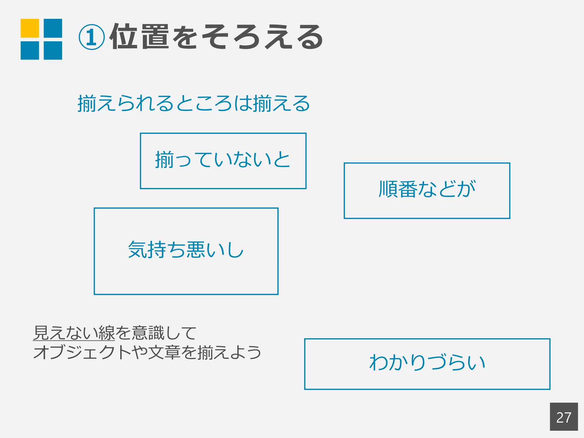 ①位置をそろえる
27
揃っていないと
気持ち悪いし
順番などが
わかりづらい
見えない線を意識して
オブジェクトや文章を揃えよう
揃えられるところは揃える
 