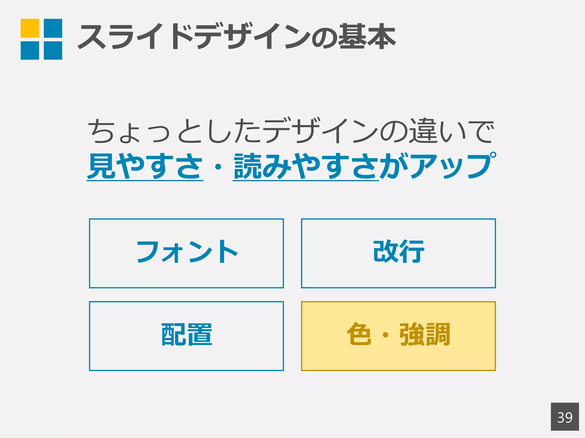 スライドデザインの基本
39
ちょっとしたデザインの違いで
見やすさ・読みやすさがアップ
フォント 改行
配置 色・強調
 