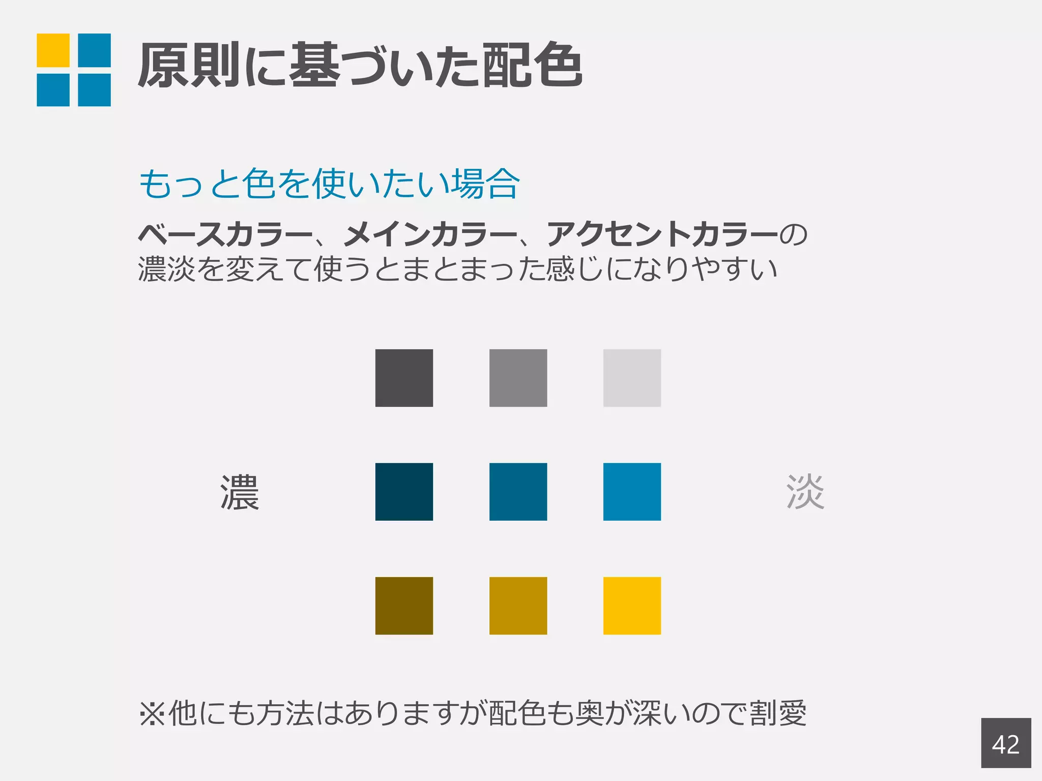 原則に基づいた配色
42
もっと色を使いたい場合
ベースカラー、メインカラー、アクセントカラーの
濃淡を変えて使うとまとまった感じになりやすい
濃
※他にも方法はありますが配色も奥が深いので割愛
 