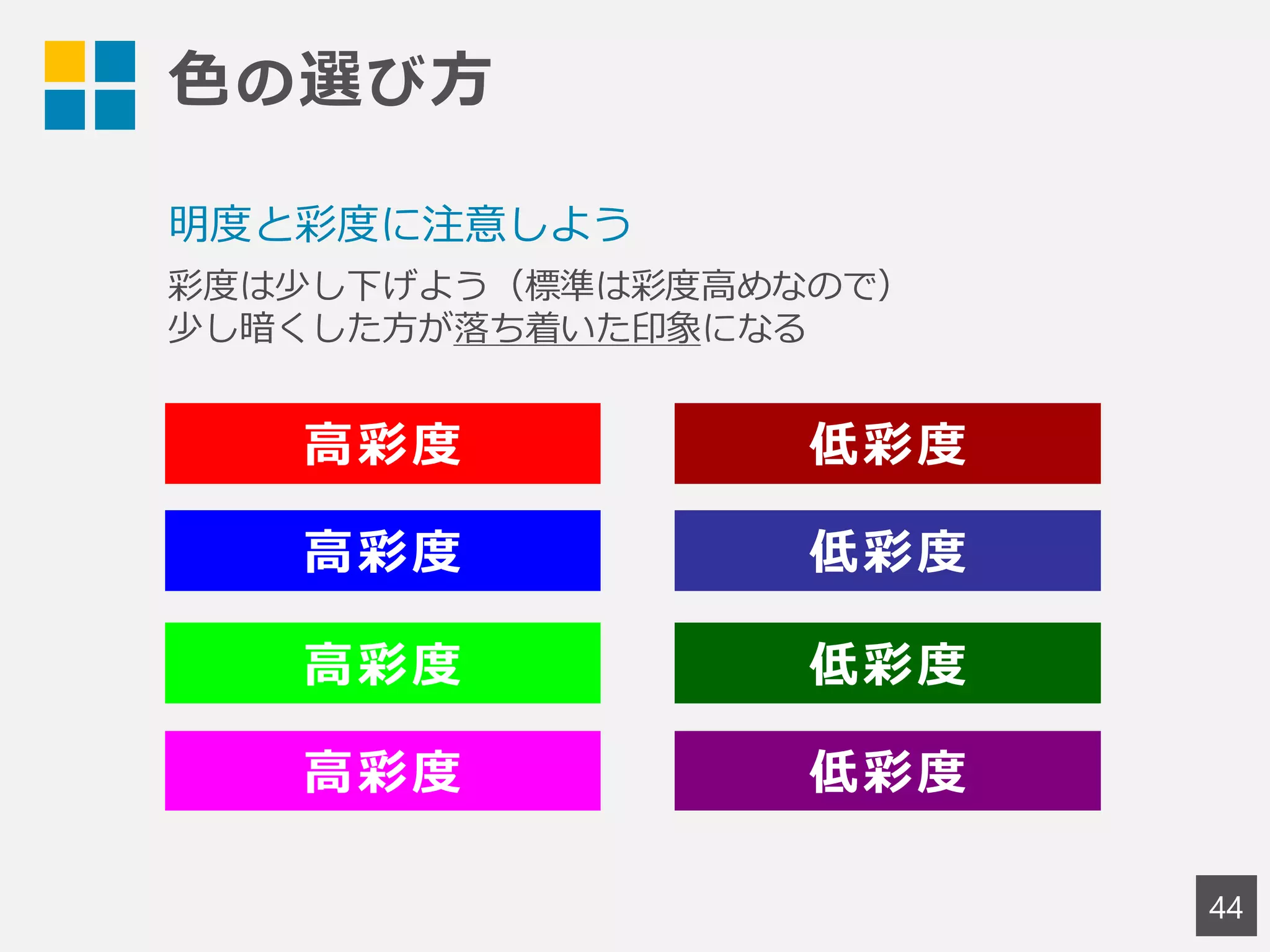色の選び方
44
高彩度 低彩度
高彩度 低彩度
高彩度 低彩度
高彩度 低彩度
明度と彩度に注意しよう
彩度は少し下げよう（標準は彩度高めなので）
少し暗くした方が落ち着いた印象になる
 