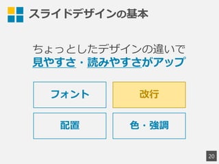 スライドデザインの基本
20
ちょっとしたデザインの違いで
見やすさ・読みやすさがアップ
フォント 改行
配置 色・強調
 