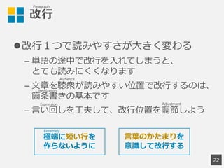 改行
改行１つで読みやすさが大きく変わる
– 単語の途中で改行を入れてしまうと、
とても読みにくくなります
– 文章を聴衆が読みやすい位置で改行するのは、
箇条書きの基本です
– 言い回しを工夫して、改行位置を調節しよう
22
言葉のかたまりを
意識して改行する
極端に短い行を
作らないように
Extremely
Paragraph
Audience
Expression Adjustment
Itemization
 