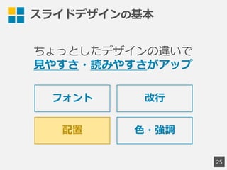 スライドデザインの基本
25
ちょっとしたデザインの違いで
見やすさ・読みやすさがアップ
フォント 改行
配置 色・強調
 