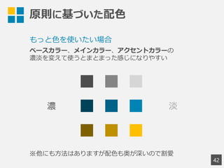 原則に基づいた配色
42
もっと色を使いたい場合
ベースカラー、メインカラー、アクセントカラーの
濃淡を変えて使うとまとまった感じになりやすい
濃
※他にも方法はありますが配色も奥が深いので割愛
 