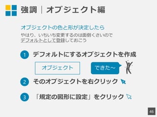 強調｜オブジェクト編
46
オブジェクトの色と形が決定したら
やはり、いちいち変更するのは面倒くさいので
デフォルトとして登録しておこう
オブジェクト
1 デフォルトにするオブジェクトを作成
2 そのオブジェクトを右クリック
3 「規定の図形に設定」をクリック
できた～
R
 