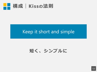 構成｜Kissの法則
53
Keep it short and simple
短く、シンプルに
 