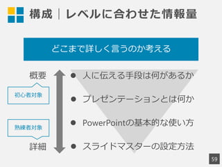 構成｜レベルに合わせた情報量
59
どこまで詳しく言うのか考える
 人に伝える手段は何があるか
 プレゼンテーションとは何か
 PowerPointの基本的な使い方
 スライドマスターの設定方法
概要
詳細
初心者対象
熟練者対象
 