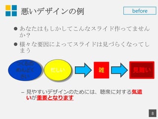 悪いデザインの例
8
 あなたはもしかしてこんなスライド作ってません
か？
 様々な要因によってスライドは見づらくなってし
まう
– 見やすいデザインのためには、聴衆に対する気遣
いが重要となります
つくるの
めんどく
さい
忙しい 雑 見難い
before
 