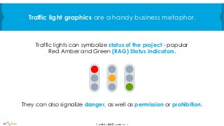 Traffic lights can symbolize status of the project - popular
Red Amber and Green (RAG) Status Indicators.
Traffic light graphics are a handy business metaphor.
They can also signalize danger, as well as permission or prohibition.
 