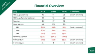 Financial Overview
($M) 2017E 2018E 2019E Comments
KPI1 (e.g. customers) X1 Y1 Z1 [Insert comment]
KPI2 (e.g. channels, locations) X2 Y2 Z2
Revenues $X $Y $Z
Gross Margins A% B% C%
R&D $(R1) $(R2) $(R3) [Insert comment]
S&M $(S1) $(S2) $(S3)
G&A $(G1) $(G2) $(G3)
Operating Expenses $(OE1) $(OE2) $(OE3)
Net Cash Burn $(C1) $(C2) $(C3) [Insert comment]
# of Employees A B C [Insert comment]
 