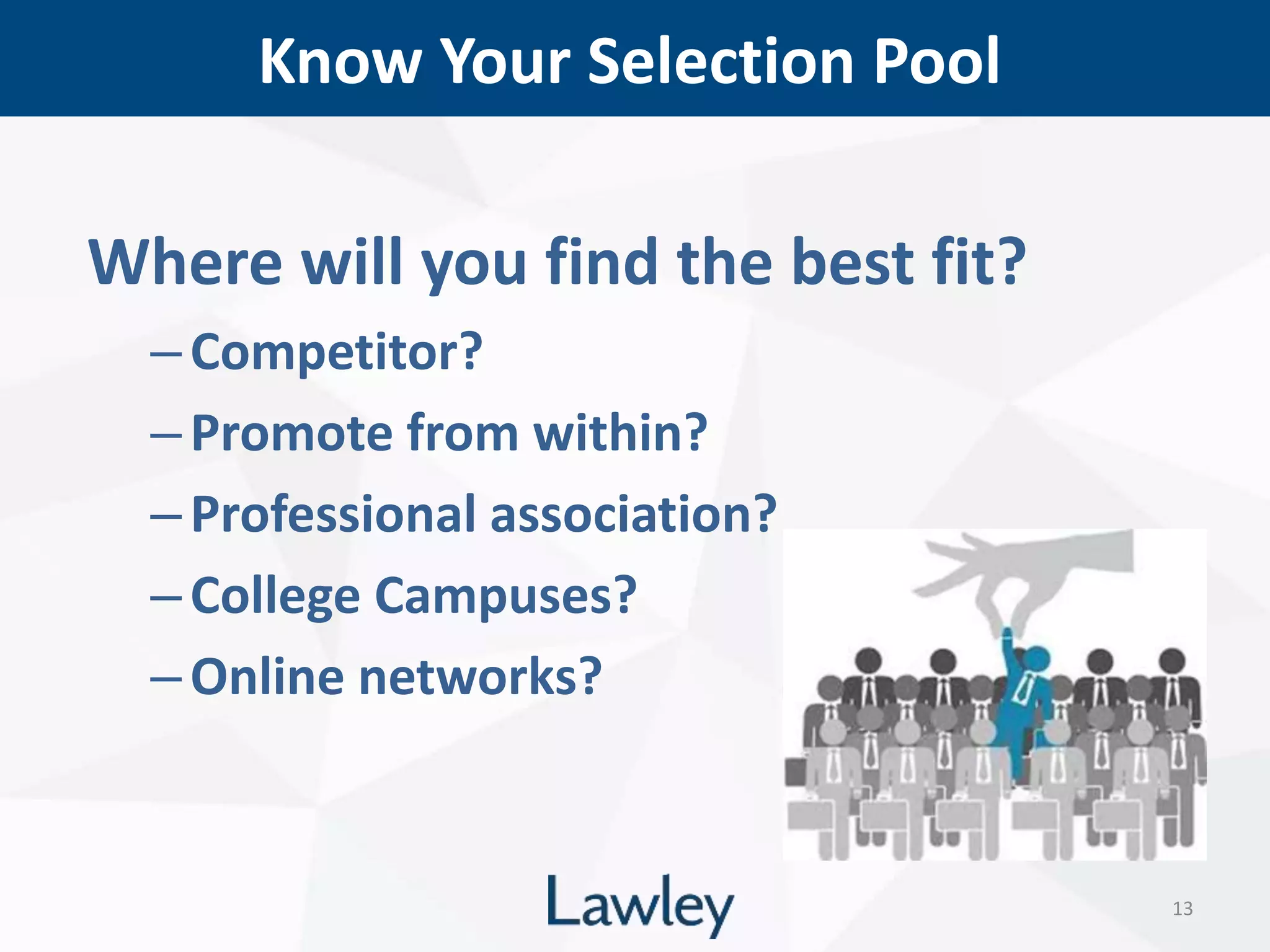 Know Your Selection Pool
13
Where will you find the best fit?
–Competitor?
–Promote from within?
–Professional association?
–College Campuses?
–Online networks?
 