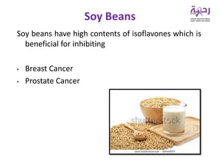 Soy beans have high contents of isoflavones which is
beneficial for inhibiting
• Breast Cancer
• Prostate Cancer
Soy Beans
 