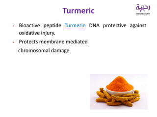 • Bioactive peptide Turmerin DNA protective against
oxidative injury.
• Protects membrane mediated
chromosomal damage
Turmeric
 