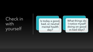 Check in
with
yourself
What things do
I notice myself
doing on good
vs bad days?
Is today a good,
bad, or neutral
mental health
day?
 