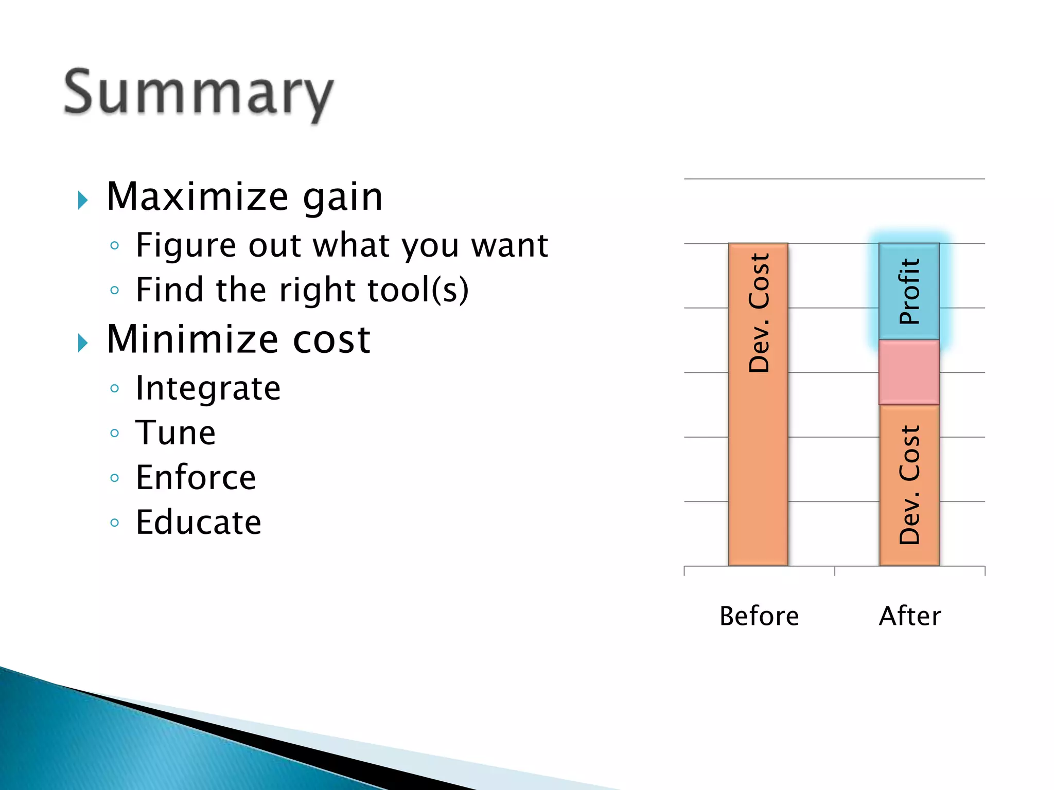    Maximize gain
    ◦ Figure out what you want




                                  Dev. Cost




                                              Profit
    ◦ Find the right tool(s)
   Minimize cost
    ◦   Integrate
    ◦   Tune




                                              Dev. Cost
    ◦   Enforce
    ◦   Educate

                                 Before       After
 