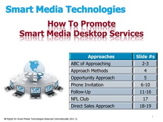 How To Promote
              Smart Media Desktop Services

                                                                          Approaches    Slide #s
                                                                ABC of Approaching        2-3
                                                                Approach Methods           4
                                                                Opportunity Approach       5
                                                                Phone Invitation          6-10
                                                                Follow-Up                11-16
                                                                NFL Club                  17
                                                                Direct Sales Approach    18-19

                                                                                                 1
All Rights for Smart Media Technologies Reserved Internationally 2011 ©
 