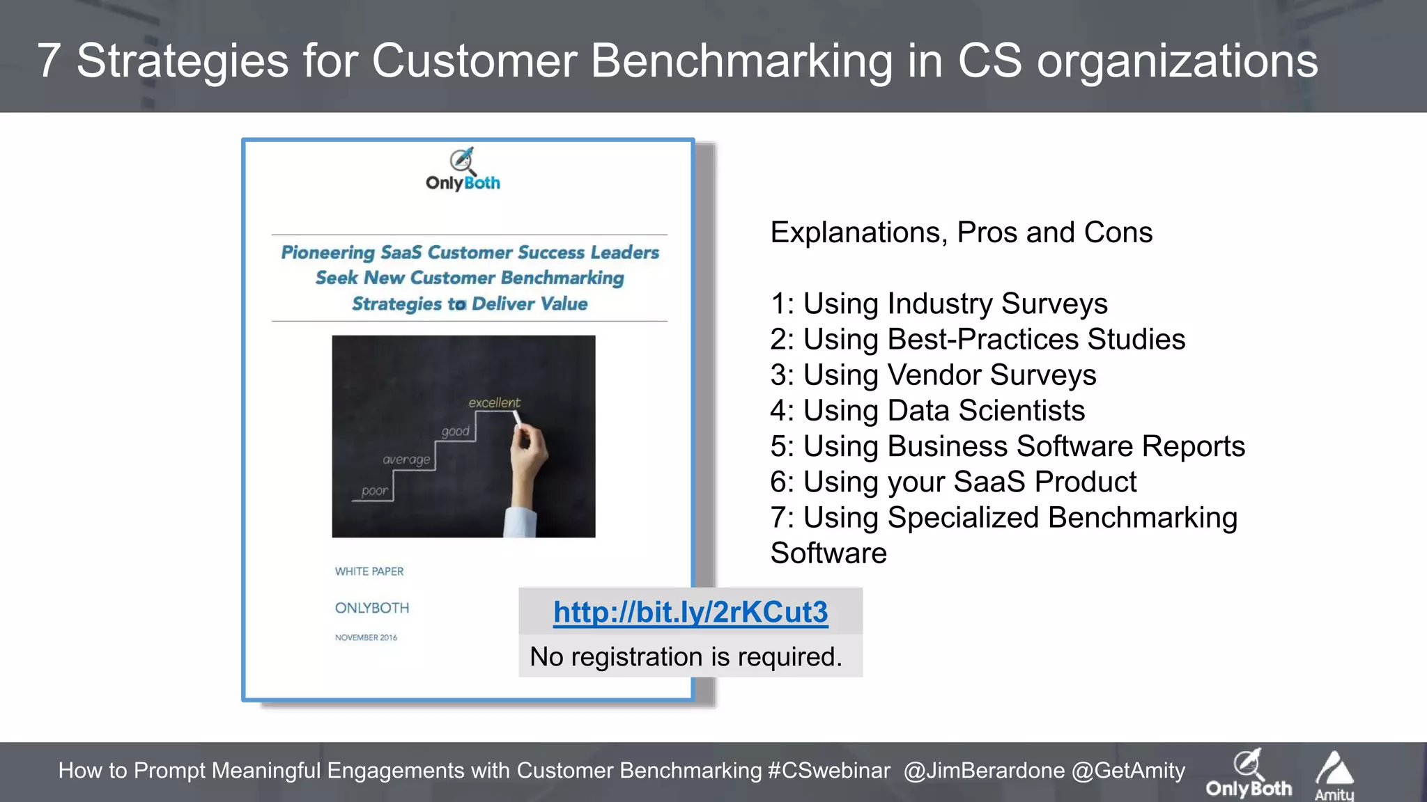 How to Prompt Meaningful Engagements with Customer Benchmarking #CSwebinar @JimBerardone @GetAmity
7 Strategies for Customer Benchmarking in CS organizations
http://bit.ly/2rKCut3
No registration is required.
Explanations, Pros and Cons
1: Using Industry Surveys
2: Using Best-Practices Studies
3: Using Vendor Surveys
4: Using Data Scientists
5: Using Business Software Reports
6: Using your SaaS Product
7: Using Specialized Benchmarking
Software
 