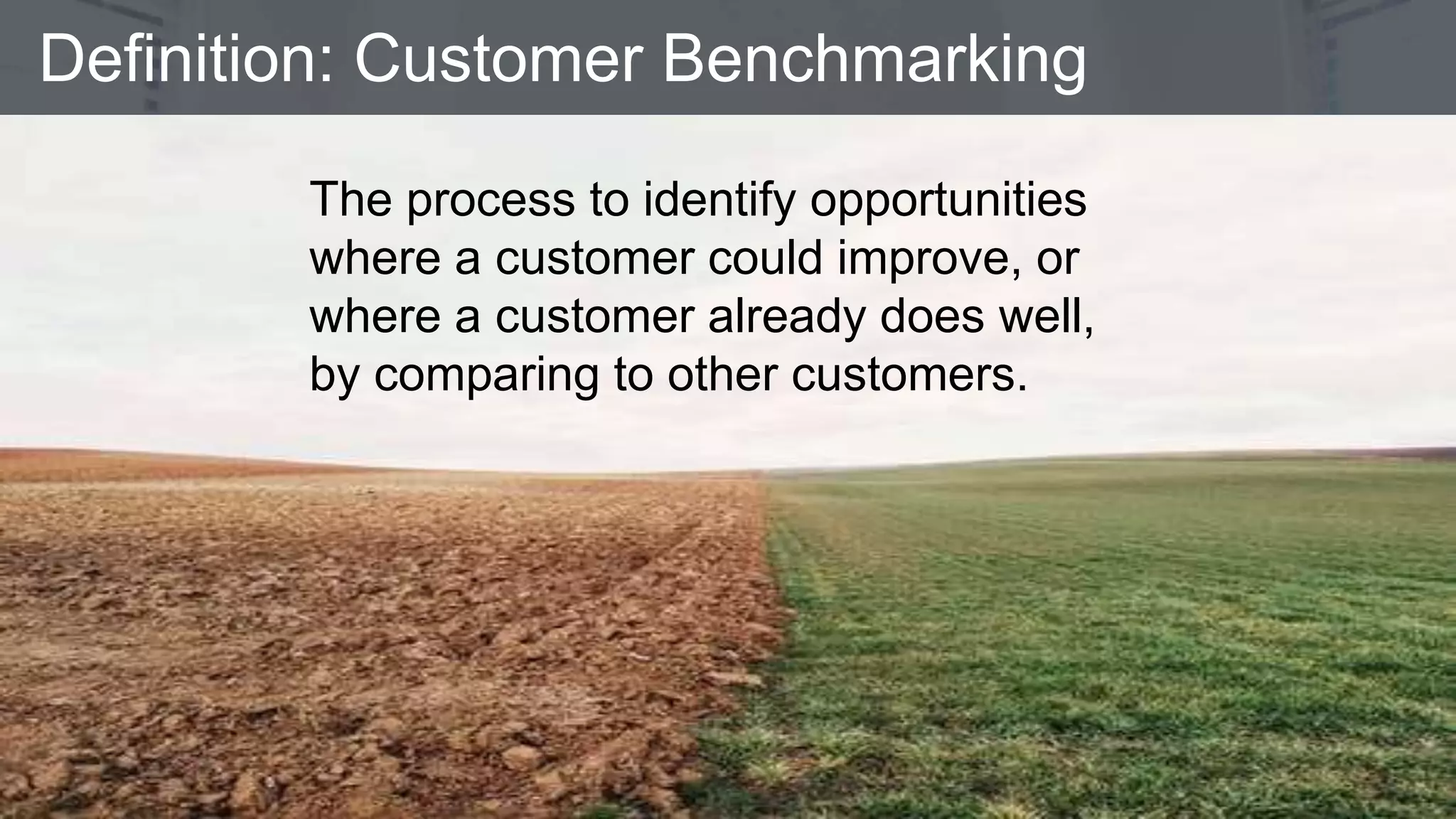 How to Prompt Meaningful Engagements with Customer Benchmarking #CSwebinar @JimBerardone @GetAmity
Definition: Customer Benchmarking
The process to identify opportunities
where a customer could improve, or
where a customer already does well,
by comparing to other customers.
 