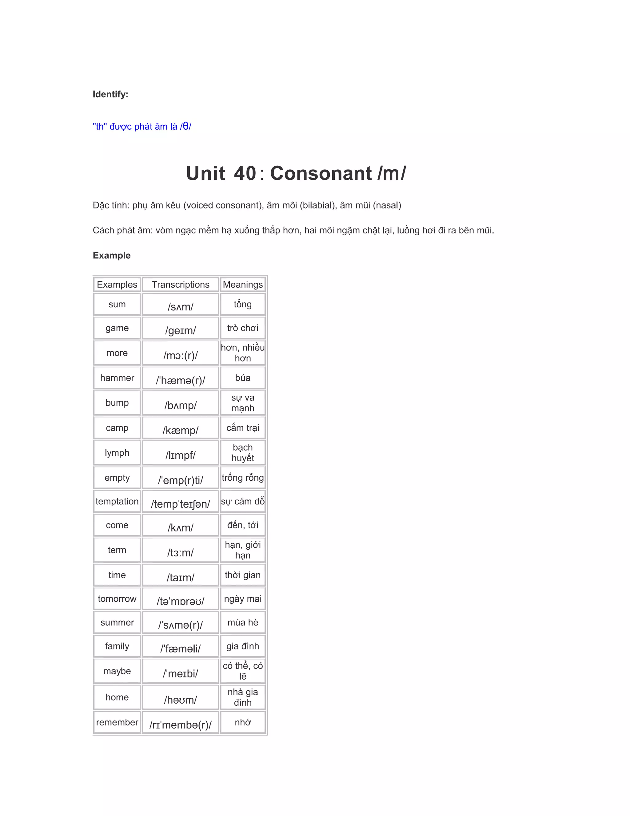 Identify:
"th" được phát âm là /θ/
Unit 40: Consonant /m/
Đặc tính: phụ âm kêu (voiced consonant), âm môi (bilabial), âm mũi (nasal)
Cách phát âm: vòm ngạc mềm hạ xuống thấp hơn, hai môi ngậm chặt lại, luồng hơi đi ra bên mũi.
Example
Examples Transcriptions Meanings
sum /sʌm/ tổng
game /geɪm/ trò chơi
more /mɔː(r)/
hơn, nhiều
hơn
hammer /ˈhæmə(r)/ búa
bump /bʌmp/
sự va
mạnh
camp /kæmp/ cắm trại
lymph /lɪmpf/
bạch
huyết
empty /ˈemp(r)ti/ trống rỗng
temptation /tempˈteɪʃən/ sự cám dỗ
come /kʌm/ đến, tới
term /tɜːm/
hạn, giới
hạn
time /taɪm/ thời gian
tomorrow /təˈmɒrəʊ/ ngày mai
summer /ˈsʌmə(r)/ mùa hè
family /ˈfæməli/ gia đình
maybe /ˈmeɪbi/
có thể, có
lẽ
home /həʊm/
nhà gia
đình
remember /rɪˈmembə(r)/ nhớ
 