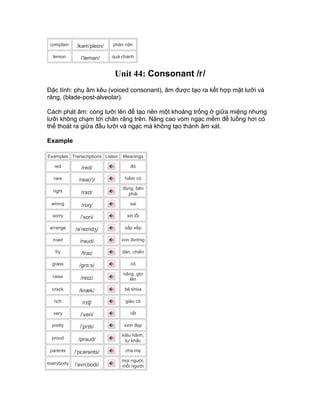 complain /kəmˈpleɪn/ phàn nàn
lemon /ˈlemən/ quả chanh
Unit 44: Consonant /r/
Đặc tính: phụ âm kêu (voiced consonant), âm được tạo ra kết hợp mặt lưỡi và
răng, (blade-post-alveolar).
Cách phát âm: cong lưỡi lên để tạo nên một khoảng trống ở giữa miệng nhưng
lưỡi không chạm tới chân răng trên. Nâng cao vòm ngạc mềm để luồng hơi có
thể thoát ra giữa đầu lưỡi và ngạc mà không tạo thành âm xát.
Example
Examples Transcriptions Listen Meanings
red /red/ đỏ
rare /reə(r)/ hiếm có
right /raɪt/
đúng, bên
phải
wrong /rɒŋ/ sai
sorry /ˈsɒri/ xin lỗi
arrange /əˈreɪndʒ/ sắp xếp
road /rəʊd/ con đường
fry /fraɪ/ dán, chiên
grass /grɑːs/ cỏ
raise /reɪz/
nâng, giơ
lên
crack /kræk/ bẻ khóa
rich /rɪtʃ/ giàu có
very /ˈveri/ rất
pretty /ˈprɪti/ xinh đẹp
proud /praʊd/
kiêu hãnh,
tự khắc
parents /ˈpɛərənts/ cha mẹ
everybody /ˈevriˌbɒdi/
mọi người,
mỗi người
 