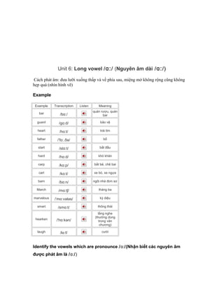 Unit 6: Long vowel /ɑː/ (Nguyên âm dài /ɑː/)
Cách phát âm: đưa lưỡi xuống thấp và về phía sau, miệng mở không rộng cũng không
hẹp quá (nhìn hình vẽ)
Example
Example Transcription Listen Meaning
bar /bɑː/
quán rượu, quán
bar
guard /gɑːd/ bảo vệ
heart /hɑːt/ trái tim
father /ˈfɑː.ðə/ bố
start /stɑːt/ bắt đầu
hard /hɑːd/ khó khăn
carp /kɑːp/ bắt bẻ, chê bai
cart /kɑːt/ xe bò, xe ngựa
barn /bɑːn/ ngôi nhà đơn sơ
March /mɑːtʃ/ tháng ba
marvelous /ˈmɑːvələs/ kỳ diệu
smart /smɑːt/ thông thái
hearken /'hɑːkən/
lắng nghe
(thường dùng
trong văn
chương)
laugh /lɑːf/ cười
Identify the vowels which are pronounce /ɑː/(Nhận biết các nguyên âm
được phát âm là /ɑː/)
 