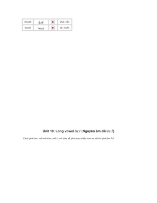 should /ʃʊd/ phải, nên
would /wʊd/ sẽ, muốn
Unit 10: Long vowel /u:/ (Nguyên âm dài /u:/)
Cách phát âm: môi mở tròn, nhỏ. Lưỡi đưa về phía sau nhiều hơn so với khi phát âm / /ʊ
 