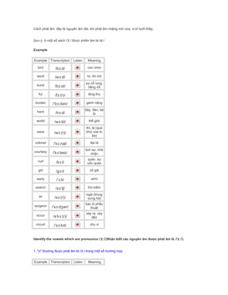 Cách phát âm: đây là nguyên âm dài, khi phát âm miệng mở vừa, vị trí lưỡi thấp.
(lưu ý: ở một số sách /ɜː/ được phiên âm là /əː/
Example
Example Transcription Listen Meaning
bird /bɜːd/ con chim
word /wɜːd/ từ, lời nói
burst /bɜːst/
sự nổ tung,
tiếng nổ
fur /fɜː(r)/ lông thú
burden /ˈbɜːdən/ gánh nặng
herd /hɜːd/
bầy, đàn, bè
lũ
world /wɜːld/ thế giới
were /wɜː(r)/
thì, là (quá
khứ của to
be)
colonel /ˈkɜːnəl/ đại tá
courtesy /ˈkɜːtəsɪ/
lịch sự, nhã
nhặn
curl /kɜːl/
quăn, sự
uốn quăn
girl /gɜːl/ cô gái
early /ˈɜːli/ sớm
search /sɜːtʃ/ tìm kiếm
sir /sɜː(r)/
ngài (trong
xưng hô)
surgeon /ˈsɜːdʒən/
bác sĩ phẫu
thuật
occur /əˈkɜː(r)/
xảy ra, xảy
đến
circuit /ˈsɜːkɪt/ chu vi
Identify the vowels which are pronounce /ɜː/(Nhận biết các nguyên âm được phát âm là /ɜː/)
1. "o" thường được phát âm là /ɜː/ trong một số trường hợp
Example Transcription Listen Meaning
 