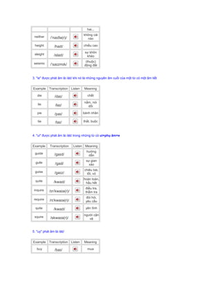 hai...
neither /ˈnaɪðə(r)/
không cái
nào
height /haɪt/ chiều cao
sleight /slaɪt/
sự khôn
khéo
seismic /ˈsaɪzmɪk/
(thuộc)
động đất
3. "ie" được phát âm là /aɪ/ khi nó là những nguyên âm cuối của một từ có một âm tiết
Example Transcription Listen Meaning
die /daɪ/ chết
lie /laɪ/
nằm, nói
dối
pie /paɪ/ bánh nhân
tie /taɪ/ thắt, buộc
4. "ui" được phát âm là /aɪ/ trong những từ có ui+phụ âm+e
Example Transcription Listen Meaning
guide /gaɪd/
hướng
dẫn
guile /gaɪl/
sự gian
xảo
guise /gaɪz/
chiêu bài,
lốt, vỏ
quite /kwaɪt/
hoàn toàn,
hầu hết
inquire /ɪnˈkwaɪə(r)/
điều tra,
thẩm tra
require /rɪˈkwaɪə(r)/
đòi hỏi,
yêu cầu
quite /kwaɪt/ yên tĩnh
squire /skwaɪə(r)/
người cận
vệ
5. "uy" phát âm là /aɪ/
Example Transcription Listen Meaning
buy /baɪ/ mua
 