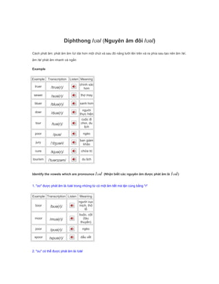 Diphthong /ʊə/ (Nguyên âm đôi /ʊə/)
Cách phát âm: phát âm âm /ʊ/ dài hơn một chút và sau đó nâng lưỡi lên trên và ra phía sau tạo nên âm /ə/,
âm /ə/ phát âm nhanh và ngắn
Example
Example Transcription Listen Meaning
truer /trʊə(r)/
chính xác
hơn
sewer /sʊə(r)/ thợ may
bluer /blʊə(r)/ xanh hơn
doer /dʊə(r)/
người
thực hiện
tour /tʊə(r)/
cuộc đi
chơi, du
lịch
poor /pʊə/ ngèo
jury /ˈdʒʊəri/
ban giám
khảo
cure /kjʊə(r)/ chữa trị
tourism /ˈtʊərɪzəm/ du lịch
Identify the vowels which are pronounce /ʊə/ (Nhận biết các nguyên âm được phát âm là /ʊə/)
1. "oo" được phát âm là /ʊə/ trong những từ có một âm tiết mà tận cùng bằng "r"
Example Transcription Listen Meaning
boor /bʊə(r)/
người cục
mịch, thô
lỗ
moor /mʊə(r)/
buộc, cột
(tàu
thuyền)
poor /pʊə(r)/ ngèo
spoor /spʊə(r)/ dấu vết
2. "ou" có thể được phát âm là /ʊə/
 
