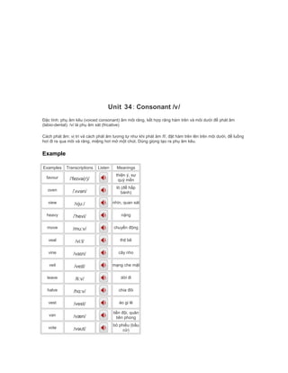 Unit 34: Consonant /v/
Đặc tính: phụ âm kêu (voiced consonant) âm môi răng, kết hợp răng hàm trên và môi dưới để phát âm
(labio-dental). /v/ là phụ âm xát (fricative)
Cách phát âm: vị trí và cách phát âm tương tự như khi phát âm /f/, đặt hàm trên lên trên môi dưới, để luồng
hơi đi ra qua môi và răng, miệng hơi mở một chút. Dùng giọng tạo ra phụ âm kêu.
Example
Examples Transcriptions Listen Meanings
favour /ˈfeɪvə(r)/
thiện ý, sự
quý mến
oven /ˈʌvən/
lò (để hấp
bánh)
view /vjuː/ nhìn, quan sát
heavy /ˈhevi/ nặng
move /muːv/ chuyển động
veal /viːl/ thịt bê
vine /vaɪn/ cây nho
veil /veɪl/ mạng che mặt
leave /liːv/ dời đi
halve /hɑ:v/ chia đôi
vest /vest/ áo gi lê
van /væn/
tiền đội, quân
tiên phong
vote /vəʊt/
bỏ phiếu (bầu
cử)
 